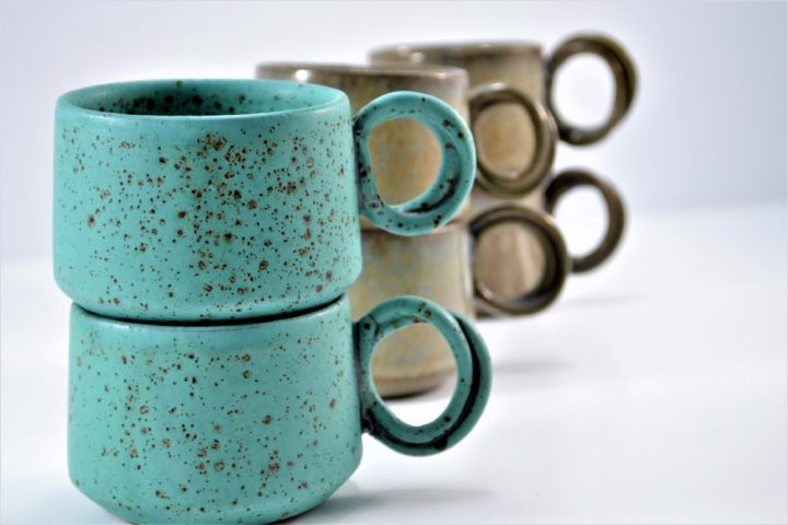 Double-handle Mug Turquoise Blue With Specks & Brown On Stone ceramic