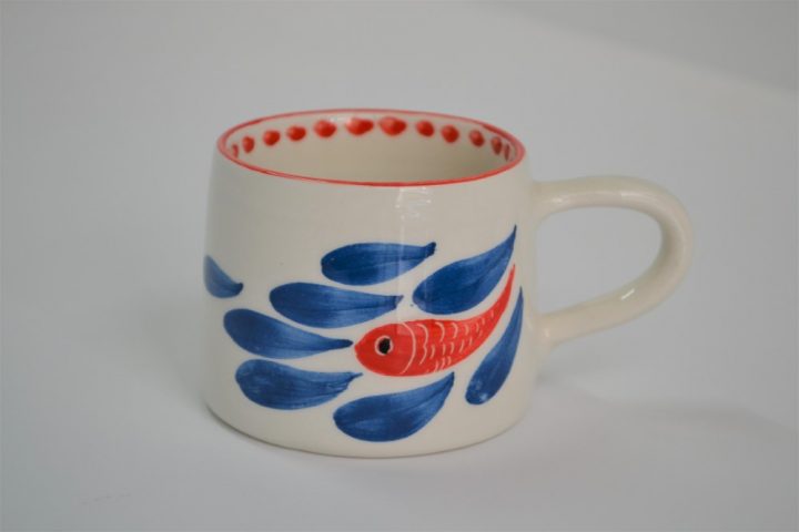 Short Conical Cup A Red Fish in Blue ceramic